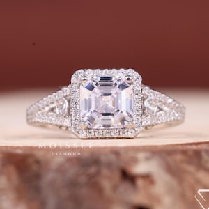 2.00CT Asscher Cut Moissanite Engagement Ring: Halo Split Shank Pave