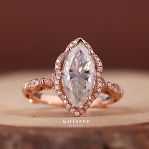 Art Deco Marquise Cut Moissanite Diamond Engagement Ring, Halo Wedding Ring, Unique Proposal Ring, Anniversary Gift For Wife