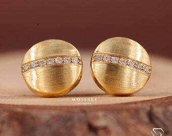 Hermosos aretes redondos de moissanita con diamantes, aretes de oro para bodas para mujer, aretes de diamantes con cierre de rosca para uso diario, regalo para ella.