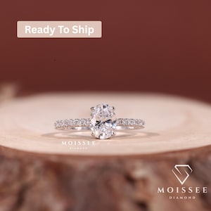 1.01CT Oval Lab Grown Diamond Engagement Ring: 14K White Gold Pave Band
