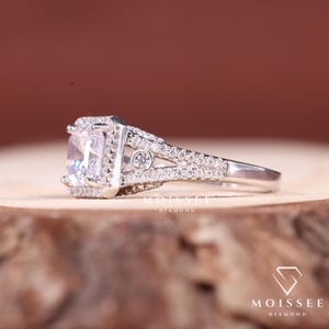 Three Stone 2CT Asscher Cut Moissanite Engagement Ring with elegant side stones, perfect bridal wedding and anniversary gift for her.