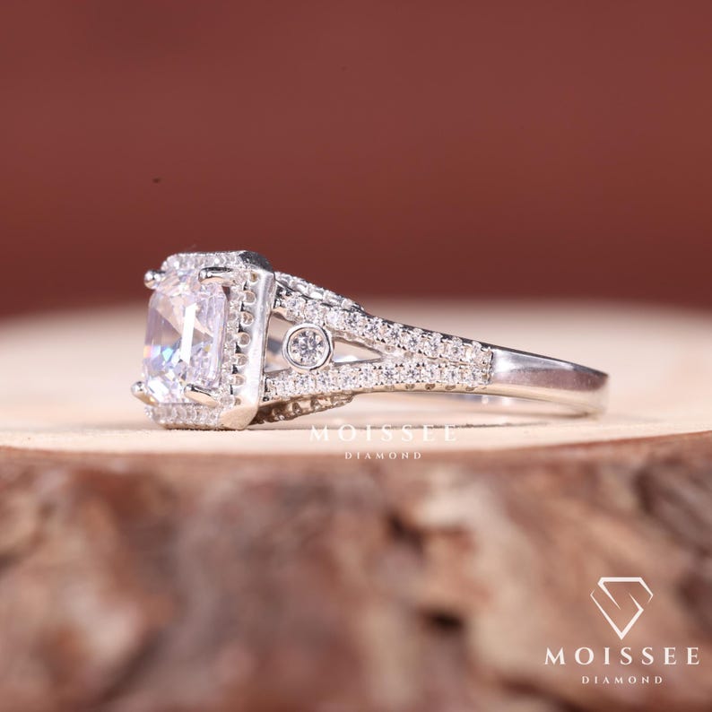Three Stone 2CT Asscher Cut Moissanite Engagement Ring with elegant side stones, perfect bridal wedding and anniversary gift for her.