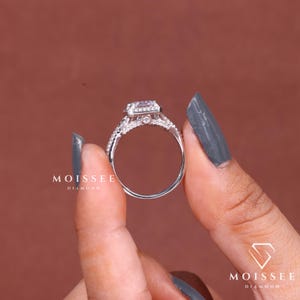 Three Stone 2CT Asscher Cut Moissanite Engagement Ring with elegant side stones, perfect bridal wedding and anniversary gift for her.