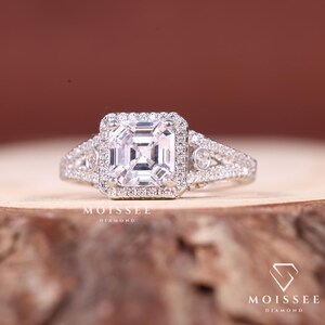 Three Stone 2CT Asscher Cut Moissanite Engagement Ring with elegant side stones, perfect bridal wedding and anniversary gift for her.