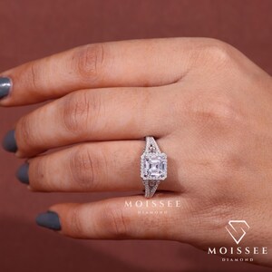 Three Stone 2CT Asscher Cut Moissanite Engagement Ring with elegant side stones, perfect bridal wedding and anniversary gift for her.