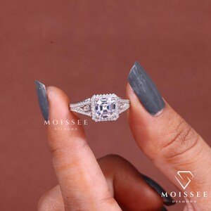 Three Stone 2CT Asscher Cut Moissanite Engagement Ring with elegant side stones, perfect bridal wedding and anniversary gift for her.