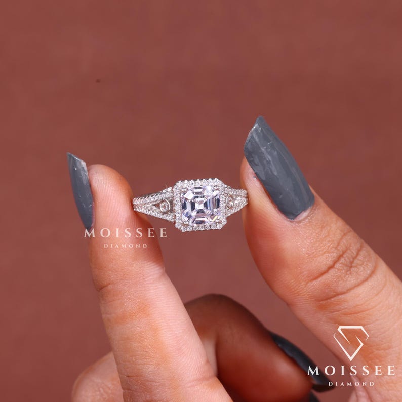 Three Stone 2CT Asscher Cut Moissanite Engagement Ring with elegant side stones, perfect bridal wedding and anniversary gift for her.