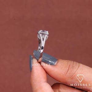 Three Stone 2CT Asscher Cut Moissanite Engagement Ring with elegant side stones, perfect bridal wedding and anniversary gift for her.