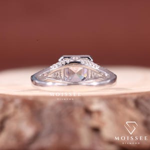 Three Stone 2CT Asscher Cut Moissanite Engagement Ring with elegant side stones, perfect bridal wedding and anniversary gift for her.