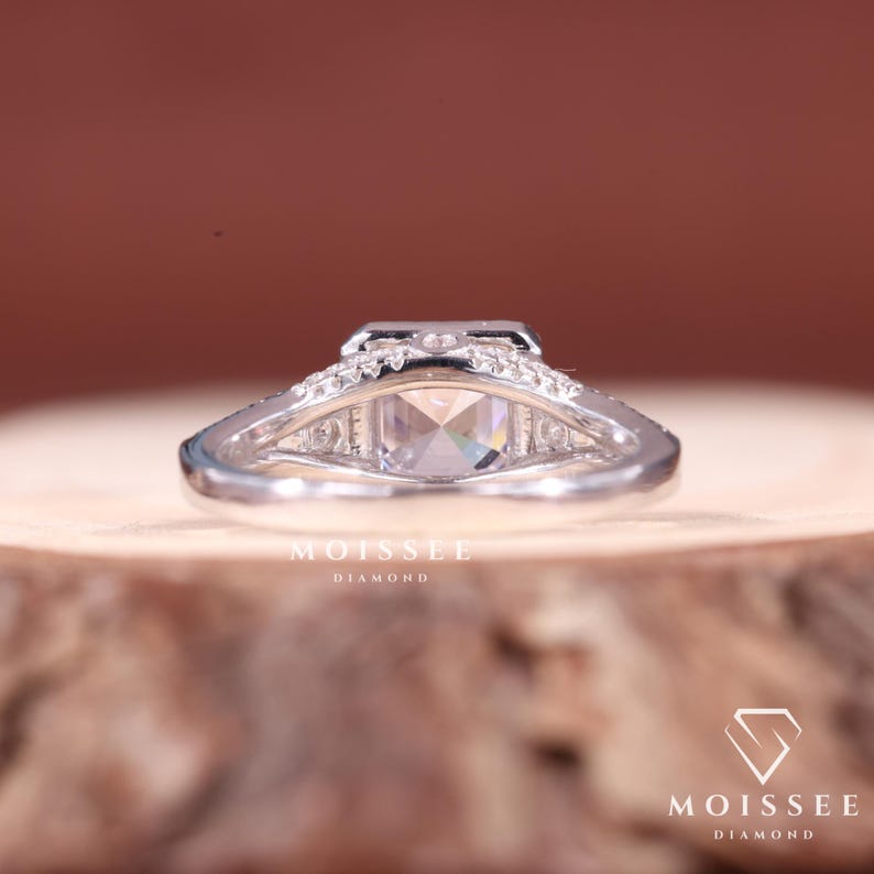 Three Stone 2CT Asscher Cut Moissanite Engagement Ring with elegant side stones, perfect bridal wedding and anniversary gift for her.