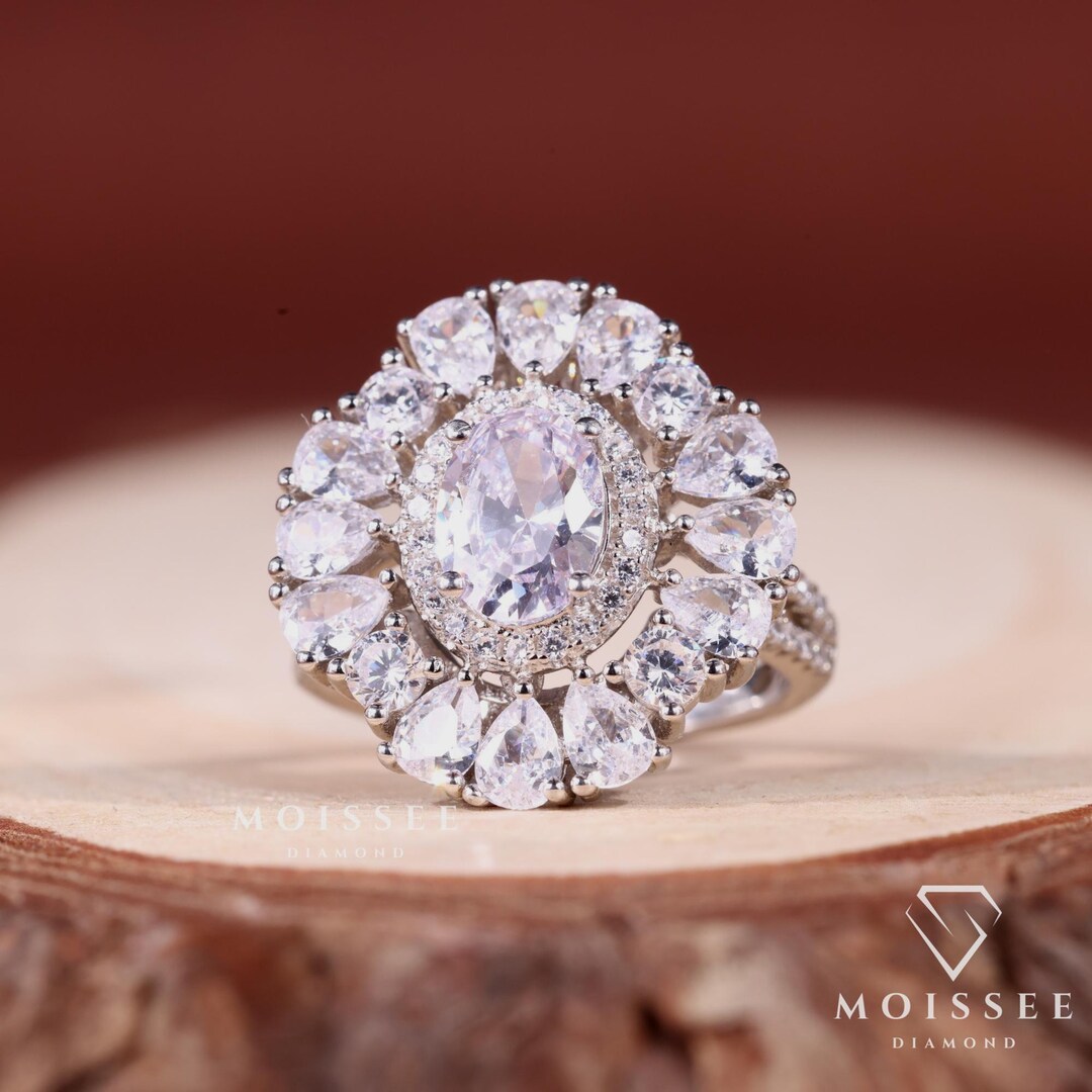 Oval Cut Halo Moissanite Diamond Ring | Split Shank Wedding Ring ...
