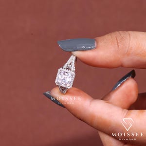 Three Stone 2CT Asscher Cut Moissanite Engagement Ring with elegant side stones, perfect bridal wedding and anniversary gift for her.