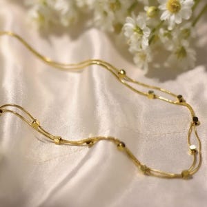 Gold Layered Necklace: Stainless Steel Double Chain, Square Pendant