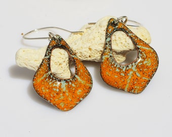 Orange and Aqua Enameled Earrings