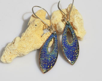 Periwinkle and Yellow Enameled Marquis Shaped Earrings