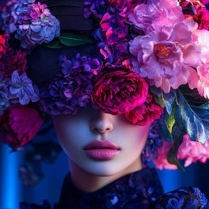 Floral Veil Portrait – Surreal Woman with Flowers Covering Eyes – Digital Download PNG