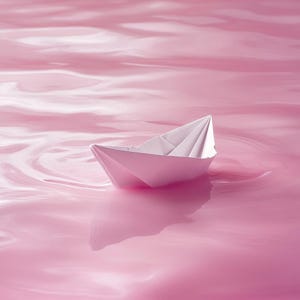 Barchetta di carta sull'acqua rosa - Arte digitale generata dall'intelligenza artificiale - Download immediato - Decorazione murale moderna