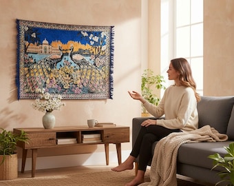 Vintage Peacock Kilim Tapestry: 1970s Handmade Oriental Boho Decor (154x121 cm)