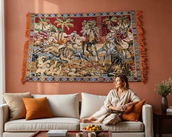 Vintage Oriental Warrior Wall Tapestry | 191x117 cm | 1970s Wool-Silk Rug