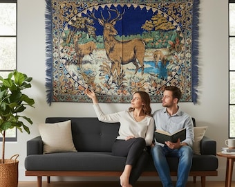 Vintage 1970s Handwoven Turkish Rug: Deer Scene Wool & Silk Tapestry (157x117 cm)