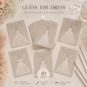 Peut inclure: Un ensemble de cartes "Devinez la robe" pour un jeu d'enterrement de vie de jeune fille. Les cartes présentent des illustrations de robes de mariée et le texte "Guess the Dress". L'ensemble comprend 10 cartes et des crayons.