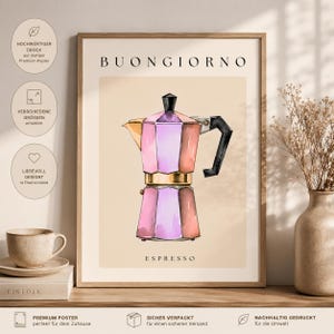 Könnte beinhalten: Ein gerahmter Kunstdruck mit einer Aquarell-Illustration einer Mokkakanne in Rosa-, Lila- und Goldtönen. Der Text BUONGIORNO ist oben in Schwarz gedruckt, und das Wort ESPRESSO ist unten auf dem Druck in Schwarz zu sehen.