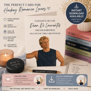 May include: A greeting card featuring an illustration of a blonde man in a navy tank top with the text I COULDN'T GET YOU Dean Di Laurentis FOR YOUR BIRTHDAY SO I GOT YOU THIS CARD INSTEAD, alongside a hockey puck, a pen, and five stacked books.
