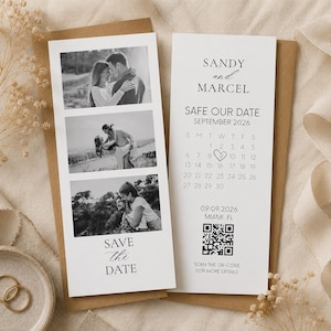 Könnte beinhalten: Eine vertikale Save-the-Date-Karte mit drei Schwarz-Weiß-Fotos eines Paares, dem Text Sandy and Marcel, einem Kalender für September 2026 mit einem Herz um den 9., dem Datum 09.09.2026, Miami, FL, und einem QR-Code für weitere Details.