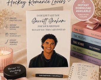 Tarjeta de cumpleaños de Garrett Graham | Tarjeta de felicitación inspirada en Off Campus | Regalo romántico para amantes del hockey | Tarjeta de cumpleaños para amantes de los libros | Descarga digital disponible