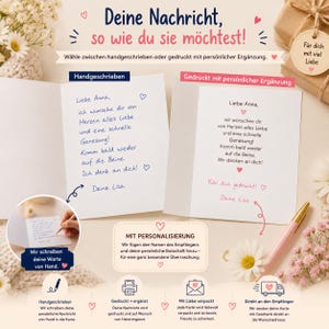 Puede incluir: Una presentaci&oacute;n de tarjeta de felicitaci&oacute;n que muestra dos opciones para mensajes personalizados: uno escrito a mano con tinta azul y otro impreso en texto negro. La tarjeta incluye texto en alem&aacute;n, iconos de corazones y elementos florales, con un bol&iacute;grafo rosa.