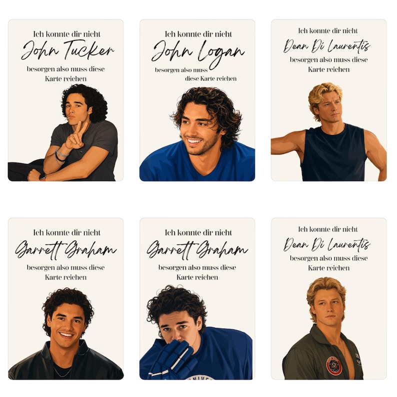 Übersicht aller verfügbaren Charakterdesigns des personalisierten Briar University Posters mit mehreren auswählbaren Hockey-Romance Book Boyfriends.