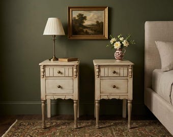 Antique French Provincial Nightstands, Matching Pair | Tall Narrow Bedside Tables | Hand-Painted Cream | Dovetail Drawers