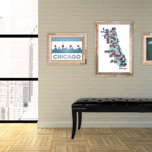 Chicago Stadtteile Karte, Chicago Flagge, Great Lakes, Mittlerer Westen, druckbare Wandkunst, digitaler Download, Trendy, Urban, Home Decor - 3 Drucke