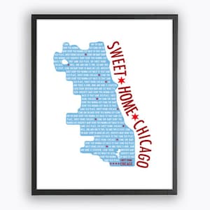 Impresión de Sweet Home Chicago, mapa de la ciudad de Chicago, Illinois, arte de pared imprimible, descarga digital, moderno, moderno, urbano, bandera de Chicago, decoración del hogar