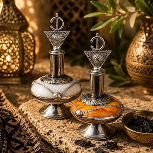 May include: Two decorative perfume bottles with silver-toned metal bases, necks, and ornate triangular stoppers. One bottle features a smooth white body, while the other has a marbled orange and yellow body, both accented with silver filigree.