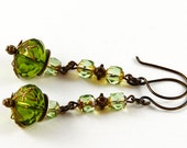 Green Olivine Earthy Antique Brass Spring Earrings Czech Glass Vintaj