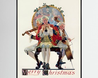 Norman Rockwell 1928 Merry Christmas Musicians Trio – Vintage Holiday Art Print Classical Christmas Wall Decor Old‑World Music Illustration