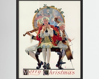 Norman Rockwell Merry Christmas Musicians Trio Art Print – 1928 Vintage Holiday Illustration Classical Music Christmas Wall Decor