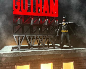 1:12 scale Gotham Billboard with LED Lights diorama for rooftop display