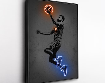 Steph Curry Canvas Art – Golden State Warriors Neon Style Print, NBA Wall Decor, Man Cave, Basketball Fan Gift, Sports Room