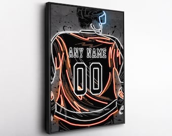 Philadelphia Flyers NHL Custom Jersey Wall Art – Personalized Name & Number Neon Canvas Print, Framed Poster, Sports Fan Gift