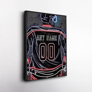 Columbus Blue Jackets NHL Custom Jersey Wall Art – Personalized Name & Number Neon Canvas Print, Framed Poster, Sports Fan Gift