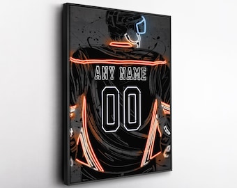 Anaheim Ducks NHL Custom Jersey Wall Art – Personalized Name & Number Neon Canvas Print, Framed Poster, Sports Fan Gift