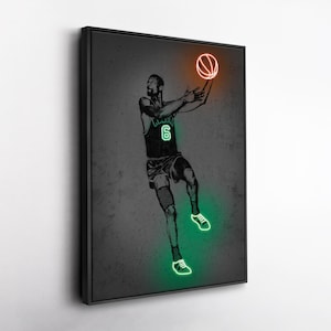 Bill Russell Canvas Art – Boston Celtics Neon Style Print, NBA Wall Decor, Man Cave, Basketball Fan Gift, Sports Room