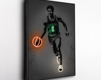 Toile d'art Oscar Robertson - Impression style néon Milwaukee Bucks, décoration murale NBA, homme des cavernes, cadeau pour fan de basket-ball, salle de sport