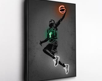 Jaylen Brown Canvas Art – Boston Celtics Neon Style Print, NBA Wall Decor, Man Cave, Basketball Fan Gift, Sports Room