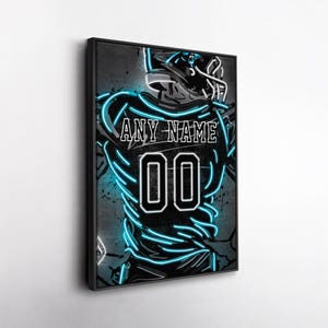 Carolina Panthers NFL Custom Jersey Wall Art – Personalized Name & Number Neon Canvas Print, Framed Poster, Sports Fan Gift