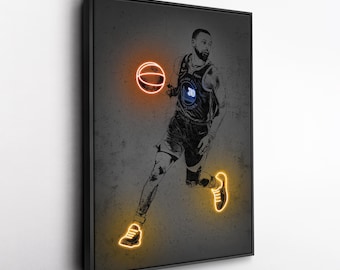 Stephen Curry Neon Canvas Art – Golden State Warriors Wall Decor, Man Cave, Basketball Fan Gift, Sports Room