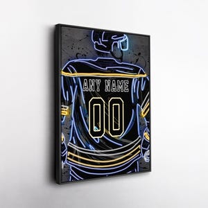 St. Louis Blues NHL Custom Jersey Wall Art – Personalized Name & Number Neon Canvas Print, Framed Poster, Sports Fan Gift