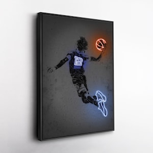 Ja Morant Canvas Art – Memphis Grizzlies Neon Style Print, NBA Wall Decor, Man Cave, Basketball Fan Gift, Sports Room
